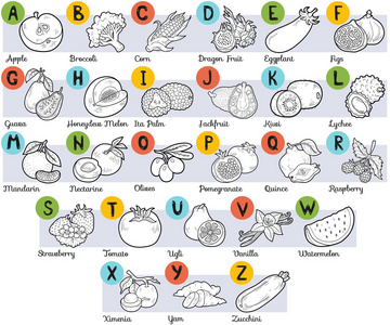 儿童的无色字母表 水果和蔬菜