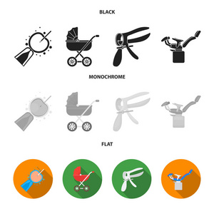 人工授精, 婴儿马车, 仪器, 妇科椅。怀孕集合图标在黑色, 平, 单色风格矢量符号股票插画网站