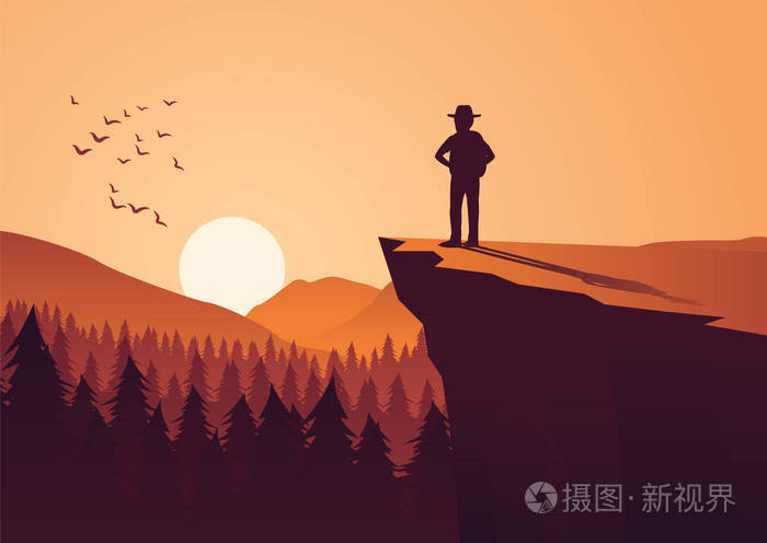 人冒险在丛林中, 站在悬崖上看太阳在一个插画-正版商用图片0nc2yy-摄