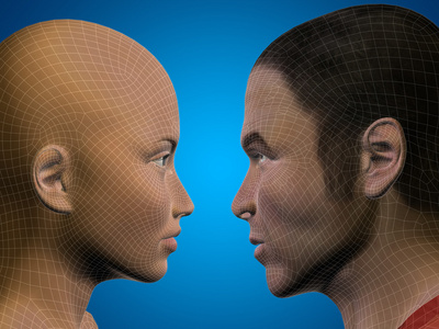 和女性人头高分辨率概念或概念 3d 线框人类女性头上黑色背景孤立人工