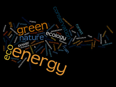高分辨率概念或概念抽象的绿色能源和生态和水土保持的词云黑色背景上的文字