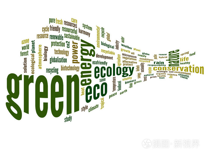 高分辨率概念或概念 3d 抽象绿色生态和节约词云白色背景上的文字
