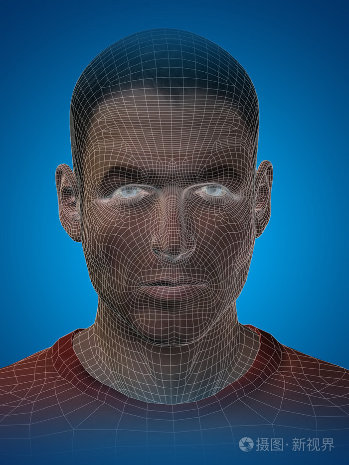 概念或概念3d线框年轻人类男性或人脸或头在蓝色背景