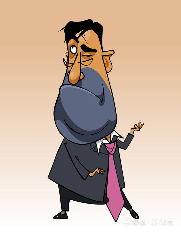 卡通西装站在深思熟虑的人并认为