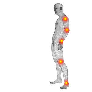 概念或概念 3d 人体解剖学网格或线框身体疼痛，疼痛或孤立在白色背景上的炎症
