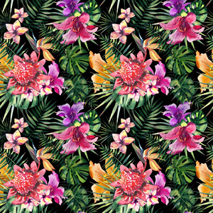 美丽明亮可爱多彩热带夏威夷花卉草药夏天模式热带花卉芙蓉兰花和棕榈树的叶子在黑色背景水彩手绘