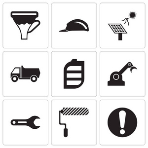 集9个简单的可编辑图标, 如感叹号, 滚筒, 管扳手, 珍妮, 电池, 卡车, 太阳能电池, 头, 漏斗