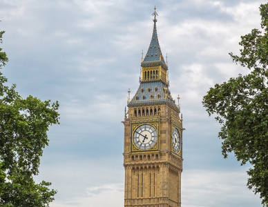 细节镜头，与树木，英国伦敦大本钟