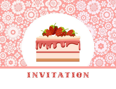 邀请, 草莓蛋糕, 粉红色, 花卉背景, 矢量。生日请柬, 婚礼。一个节日, 一个家庭庆典。在花卉背景下的草莓蛋糕。粉红色的田野