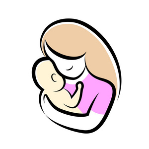 母亲和婴儿的程式化矢量符号.妈妈拥抱她的孩子图标设计.