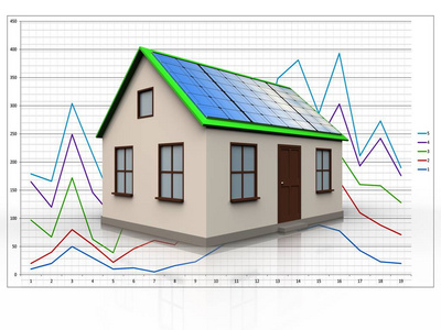 3d. 以太阳能电池板图为背景的住宅示意图
