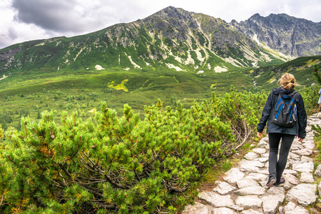 徒步旅行的妇女在山小径, 徒步旅行者与背包在高山, 风景