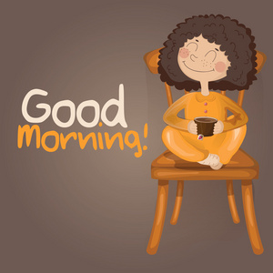 一个女孩穿着粉红色睡衣坐在椅子上,一杯茶,在上午的插图照片