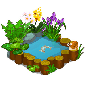 漂亮的池塘，蜗牛，鱼和鲜花