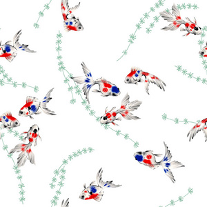 日本风格的鱼图案, 我画了一个日本风格的鱼在手绘画, 它重复自己无缝