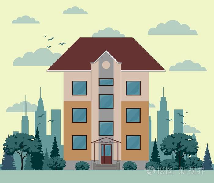 三楼房屋门面, 树, 街道, 天空和云彩插画-正版商用