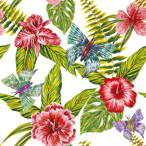 手绘热带树叶花朵和蝴蝶无缝模式