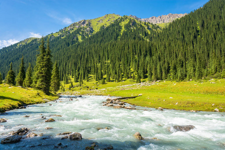 滔滔的江水，吉尔吉斯斯坦与山风景