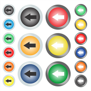 箭头指向或向左的圆形 web 按钮或图标的集合。矢量图形插图