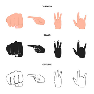 闭合的拳头, 索引和其他手势。手势集合图标在卡通, 黑色, 轮廓风格矢量符号股票插画网站