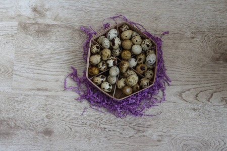 一篮子鹌鹑蛋站在紫罗兰色的装饰上