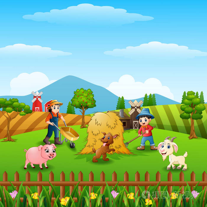 农民与猪,山羊,狗在山上工作的矢量例证