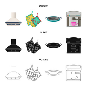 厨房设备卡通, 黑色, 轮廓图标在集合中进行设计。厨房和配件矢量符号股票 web 插图
