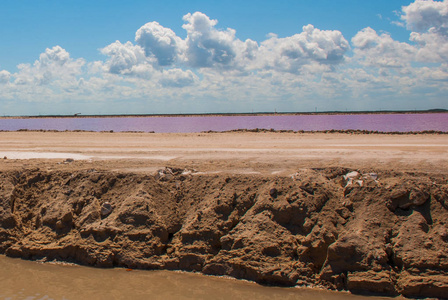 粉红色的湖。醒目的红池用于生产盐附近的里约热内卢 Lagartos, 墨西哥, 尤卡坦半岛