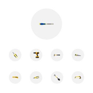 一套工具的现实符号与剪切, 钻, 铲和其他图标为您的 web 移动应用程序徽标设计