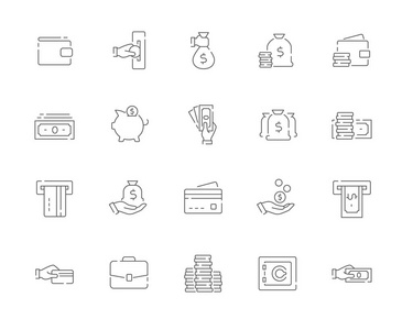 简单的一套货币向量线网页图标。包含诸如现金钱包Atm手拿硬币等图标。可编辑笔画。48x48 像素完美