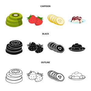 水果和其他食物。食品集合图标在卡通, 黑色, 轮廓风格矢量符号股票插画网站