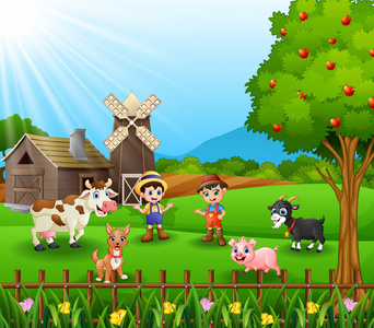 青年农民活动与牛, 狗, 山羊和猪的媒介例证照片