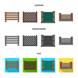 一块金属和砖块的栅栏, 木栅栏。一个不同的围栏集合图标在卡通, 平面, 单色风格矢量符号股票插画网站