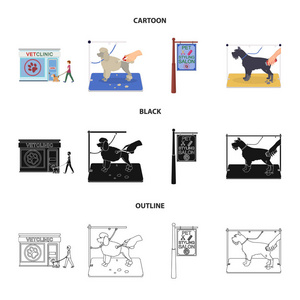 参观一个兽医诊所, 一个时尚沙龙的招牌, 宠物, 理发的狗。兽医诊所和宠物, 狗护理集图标在卡通, 黑色, 轮廓风格矢量符号股票