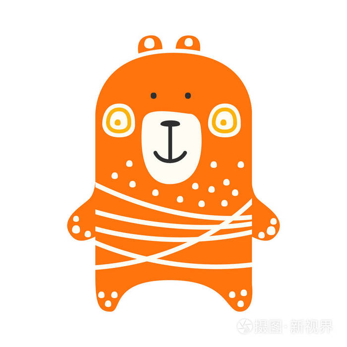 可爱的橙色泰迪熊站.滑稽可爱动物彩色卡通人物矢量图