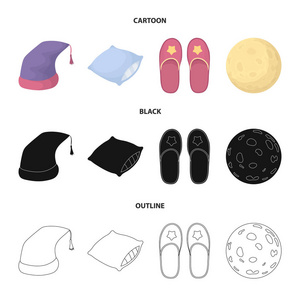 夜帽, 枕头, 拖鞋, 月亮。休息和睡眠集合图标在卡通, 黑色, 轮廓样式矢量符号股票插画网站