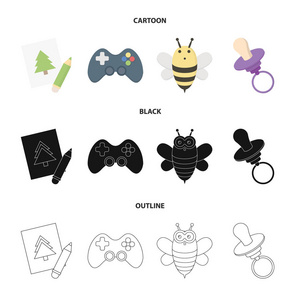 图片, dzhostik, 蜜蜂, 奶嘴。玩具集合图标在卡通, 黑色, 轮廓风格矢量符号股票插画网站