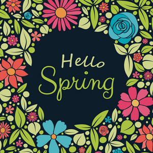 欢迎春天的海报与手工画的花朵。矢量