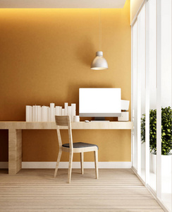 工作场所和黄色墙壁在家庭或公寓室内设计图稿3d 渲染