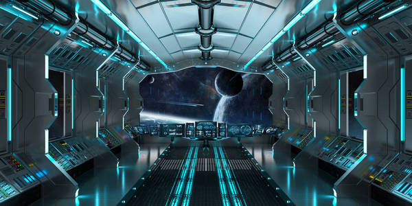 在遥远的行星系统 3d 渲染视图飞船内部照片