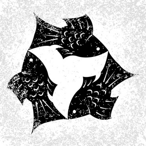 三位一体星期日.基督教节日.三条鱼, 对称地位于.黑白相间照片