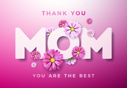 快乐的母亲节贺卡设计与花和感谢妈排版元素在粉红色的背景。横幅, 传单, 邀请, 小册子, 海报的矢量庆典插图模板