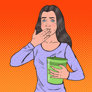 流行艺术生病的女人呕吐.不健康的感觉女孩.惊恐发作, 胃痛.
