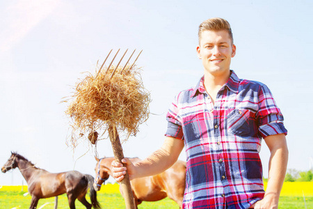 年轻人用干草叉和干草和马在背景
