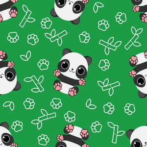 无缝模式 小熊猫绿色背景与竹树枝和爪子版画
