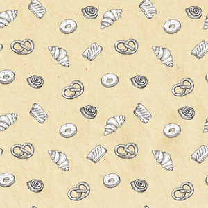 无缝图案背景草绘的烘焙产品羊角面包 泡芙 甜甜圈 馒头 纺织品 广告 宣传册 菜单 brezel 设计元素