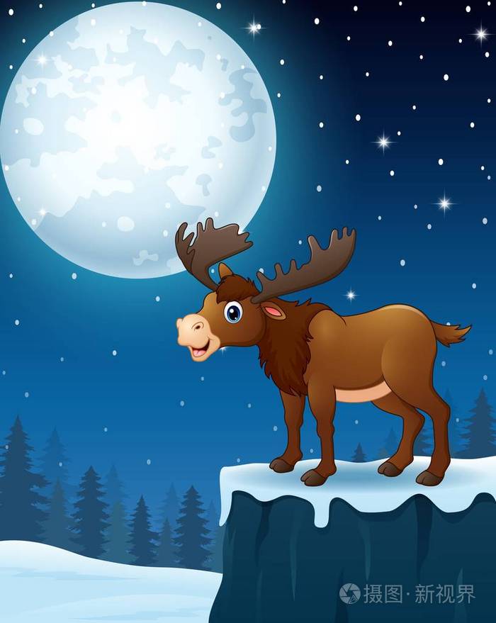 可爱的麋鹿卡通在冬天的夜晚背景