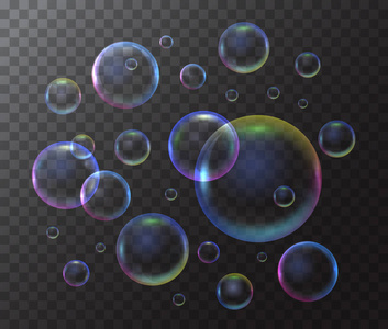 逼真的3d 详细的肥皂气泡在透明的背景。向量