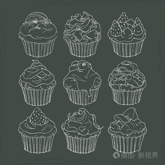 线描的黑板上的纸杯蛋糕插画-正版商用图片0ndrei-摄图新视界
