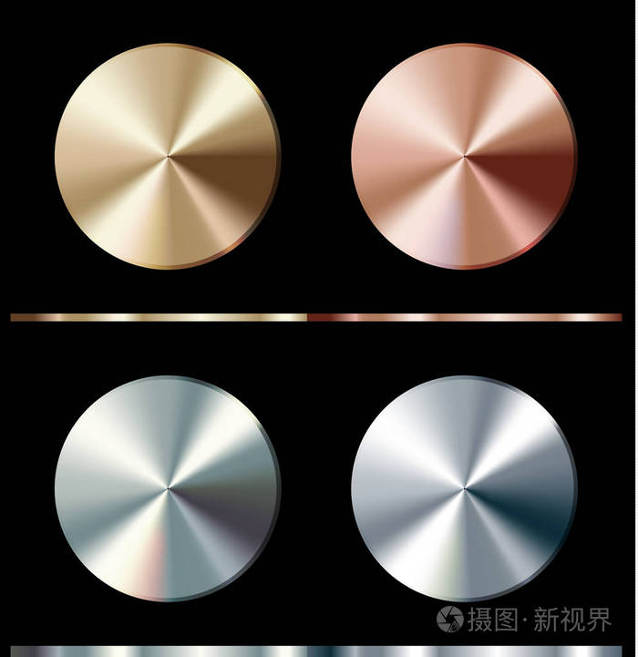 金属渐变模板.金, 银, 青铜, 铂, 钢, 铬圆形表面, 矢量插图